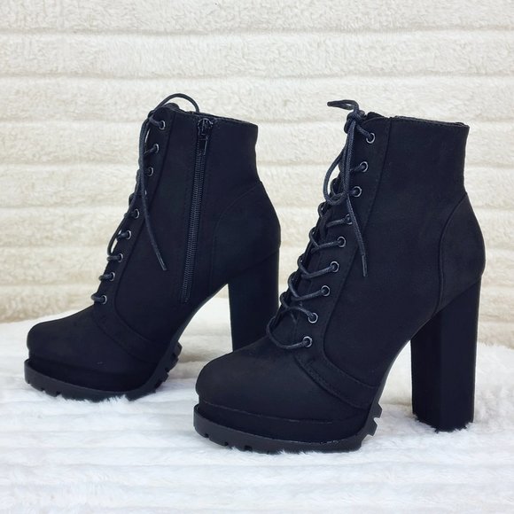 Vivian Black Faux Suede Chunky Heel Platform Ankle Boots - Picture 3 of 14